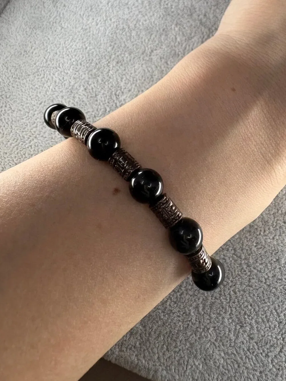 8mm Natural Black Obsidian Stretch Beaded Bracelet Silver Alloy Spacer Charm